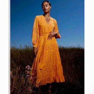 ZARA Embroidered Eyelet Tiered Maxi Dress Orange Belted Lined Long Sleeve
